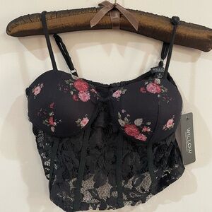 Willow Black Bra with Red and Pink Floral Design